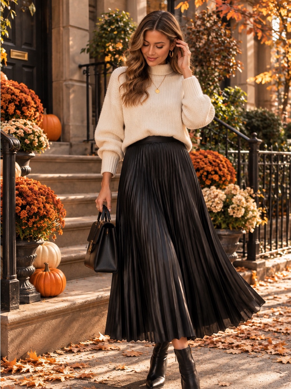 Satin Accordion Pleated Midi Skirt Elastic Waist